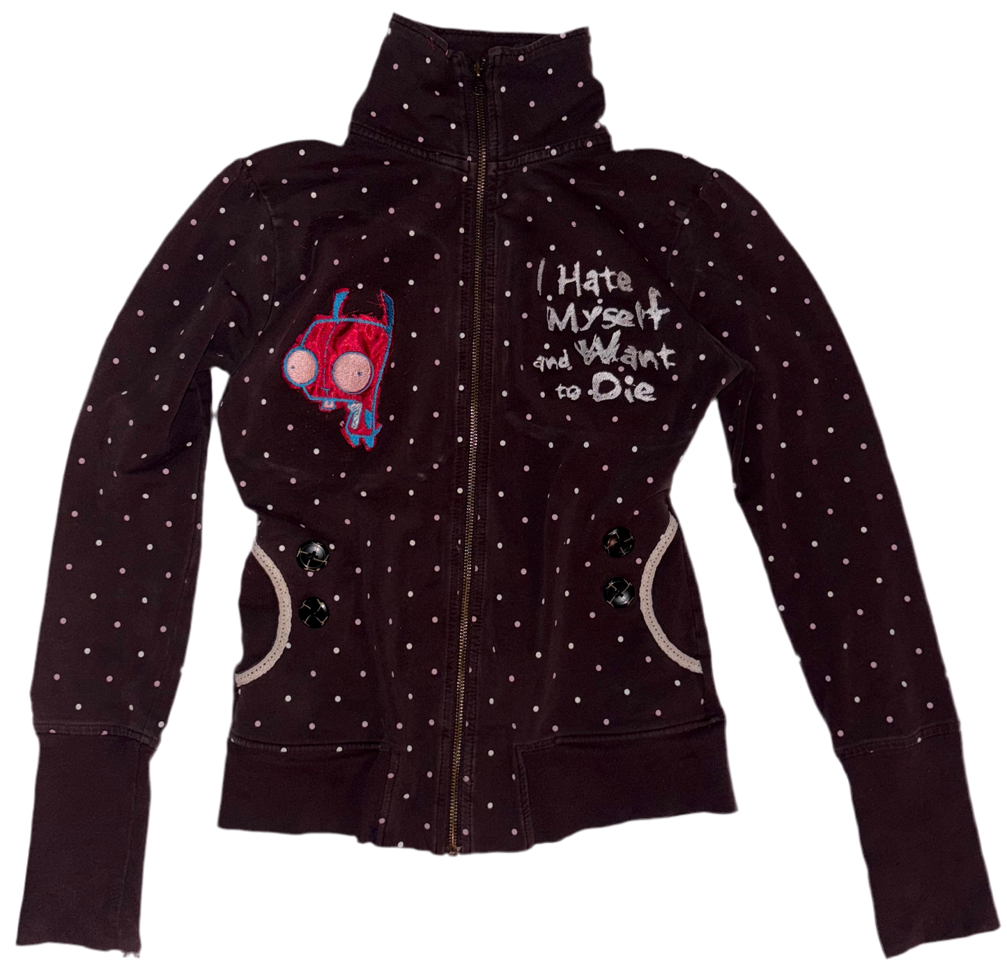 I hate myself and I want to die poka dot zip up M