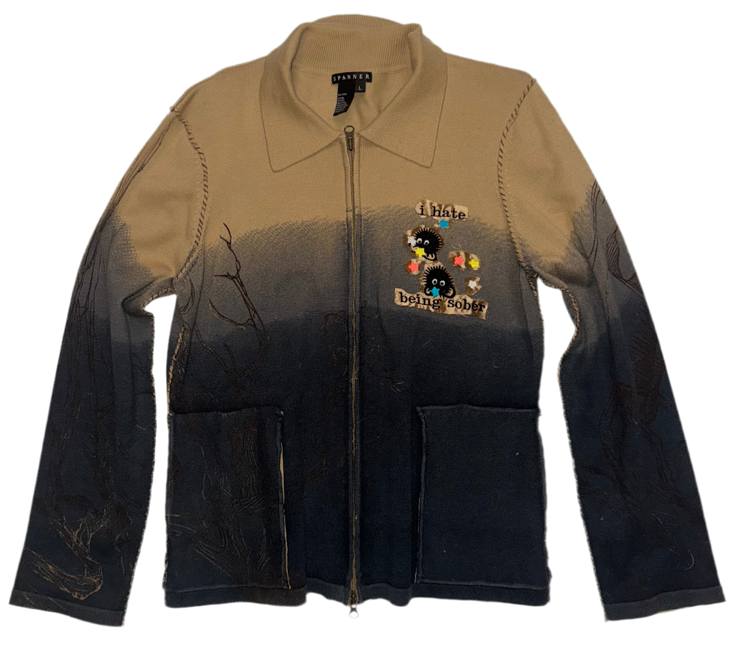 I hate being sober knit zip up sweater L