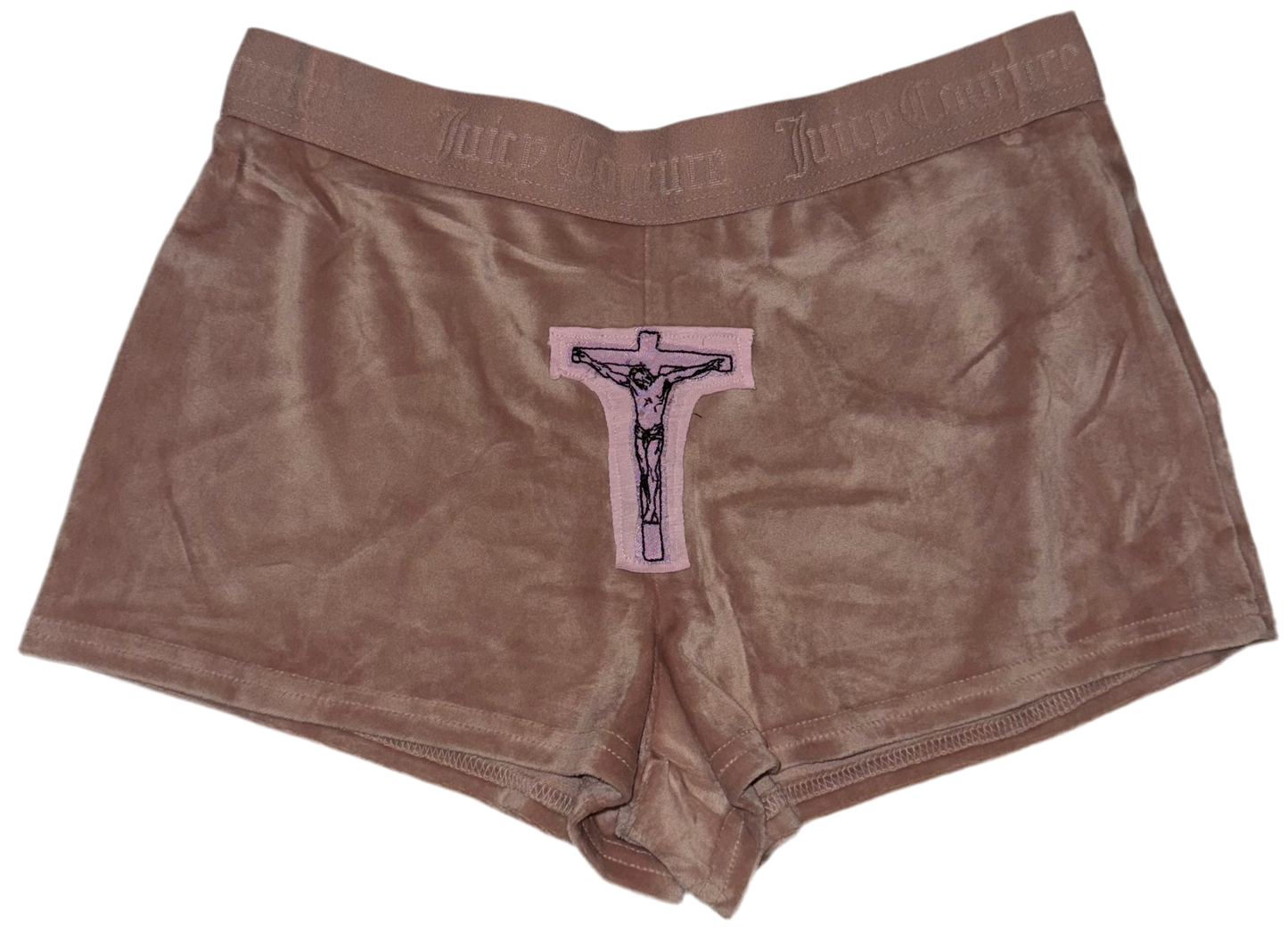 Plush juicy Christ on a cross secret pocket boxer style booty shorts S