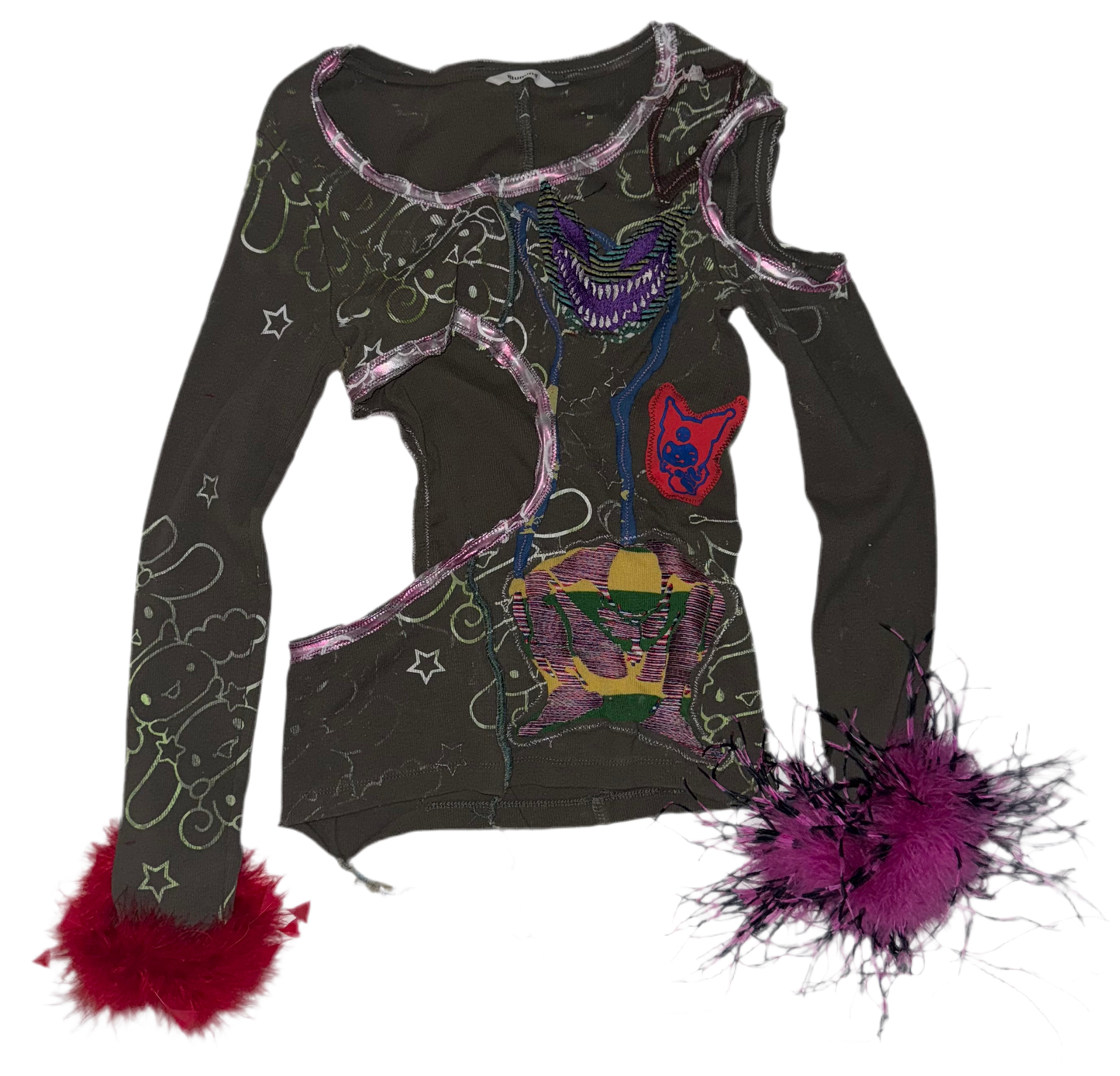 Feather trjm cut out cinnamavirus self suck long sleeve top L