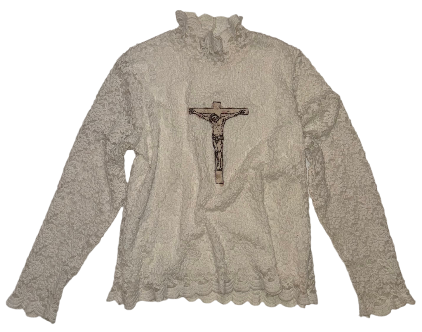 Jesus Christ on a cross semi sheer lace mock neck top XL