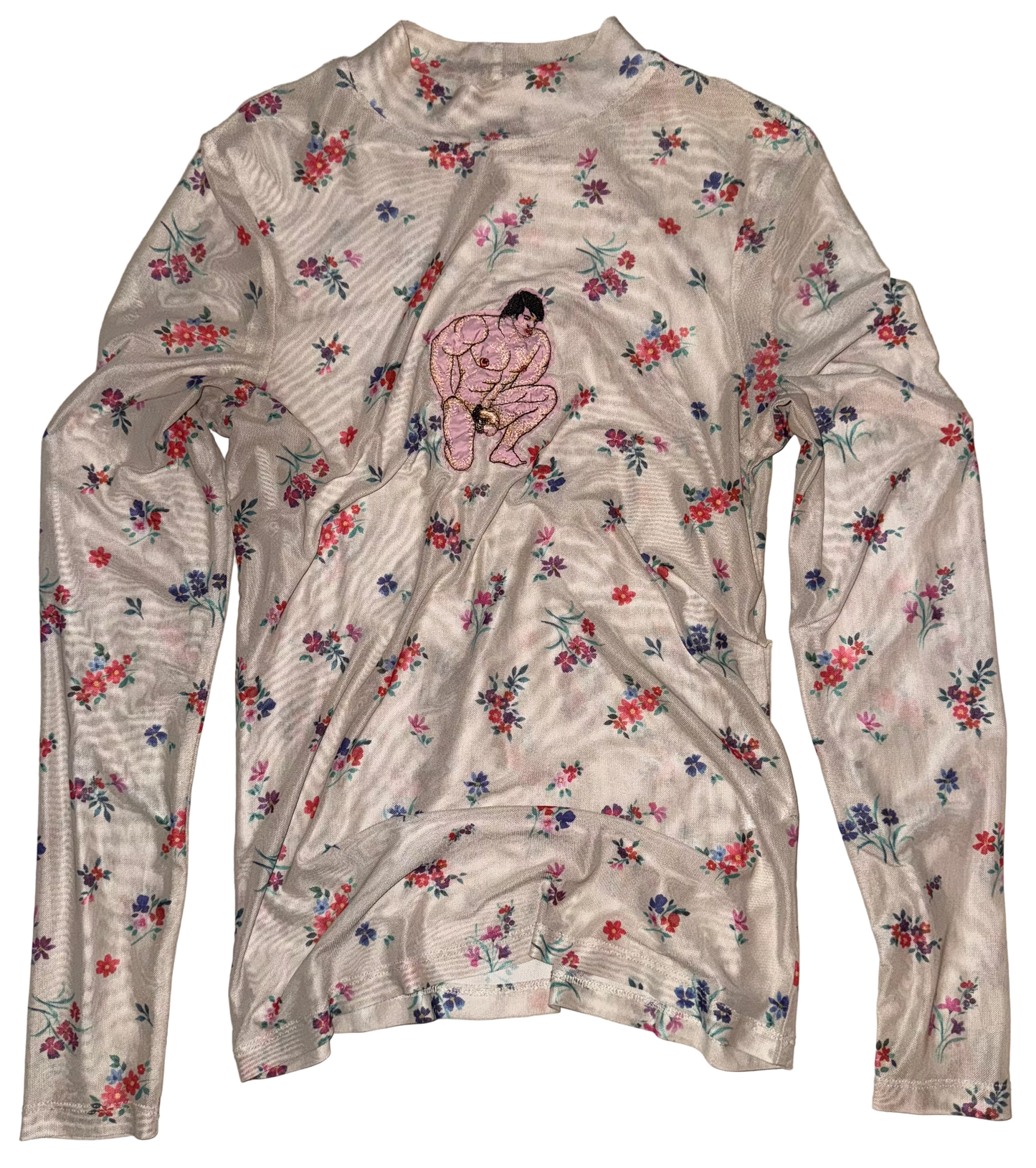 Nude man floral sheer long sleeve top L