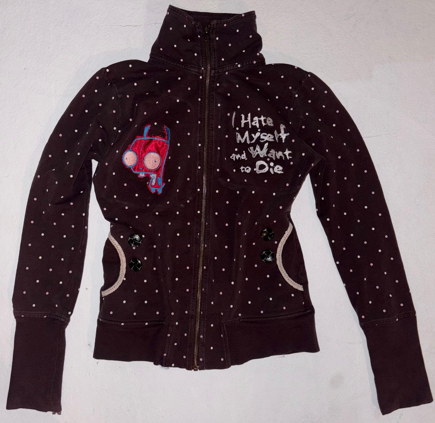 I hate myself and I want to die poka dot zip up M