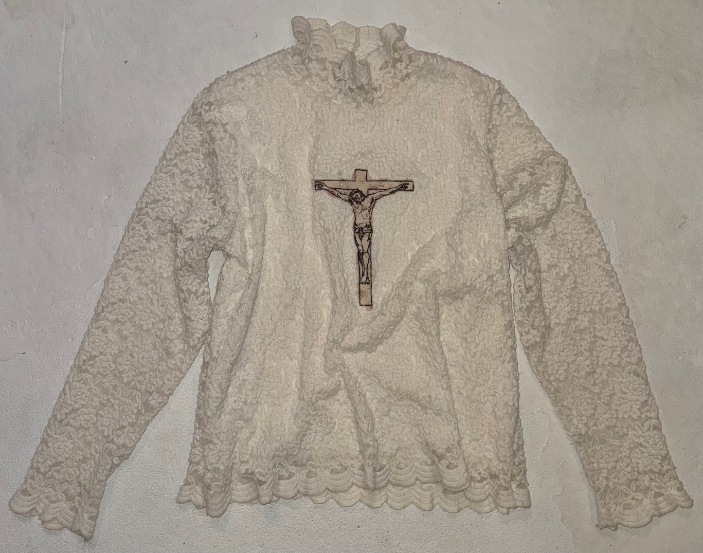 Jesus Christ on a cross semi sheer lace mock neck top XL