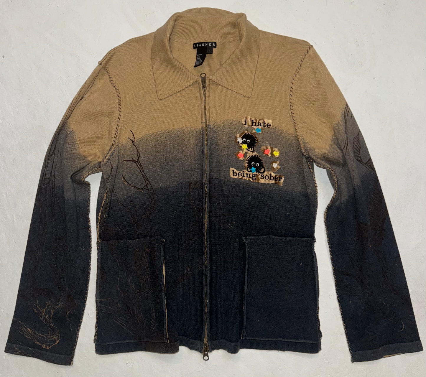 I hate being sober knit zip up sweater L