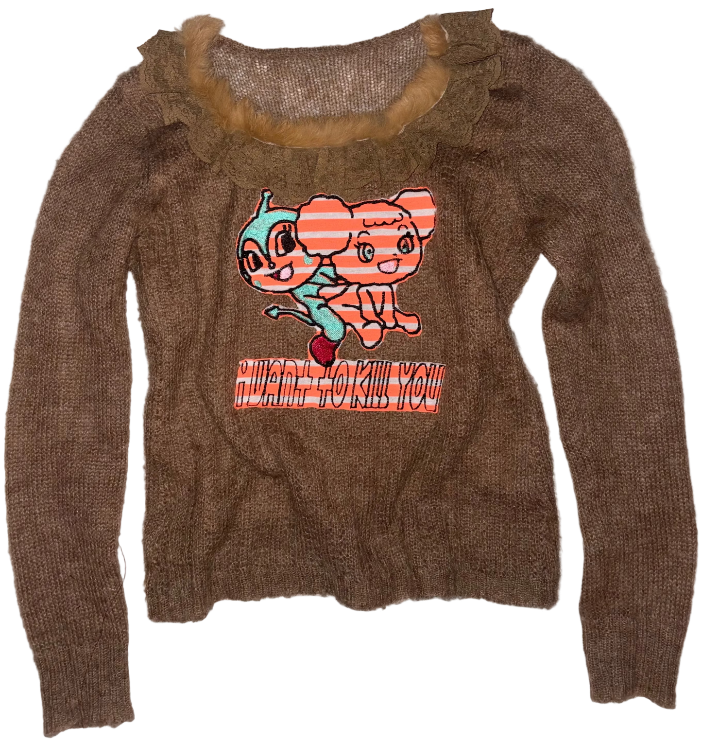 I want to kjll you humpers fur trim knit sweater M