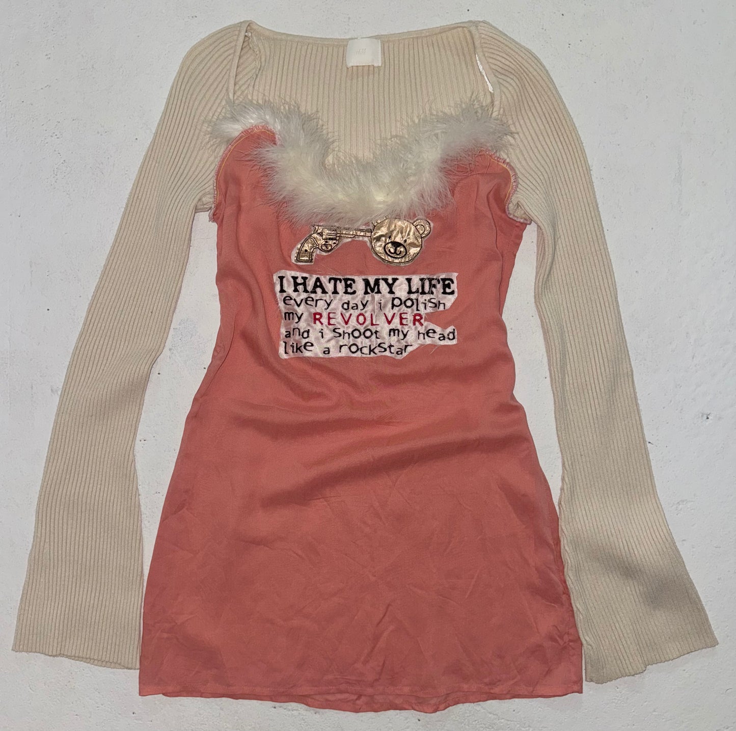 I hate my life feather trjm sweater semi sheer dress S
