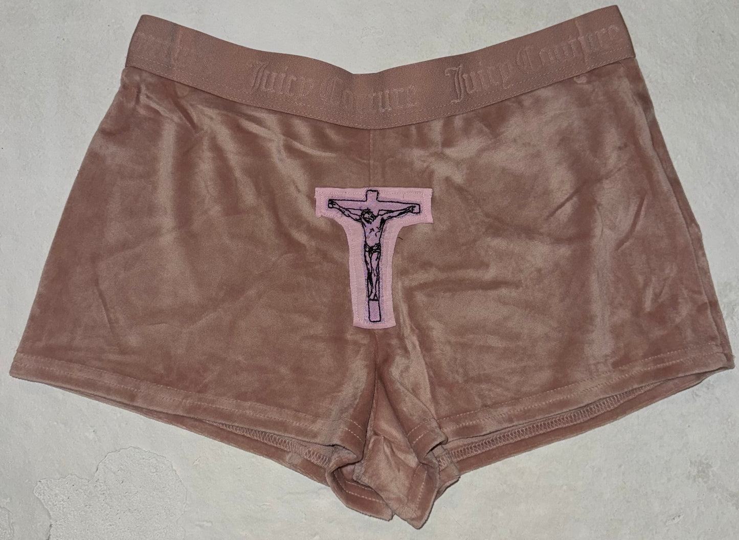 Plush juicy Christ on a cross secret pocket boxer style booty shorts S