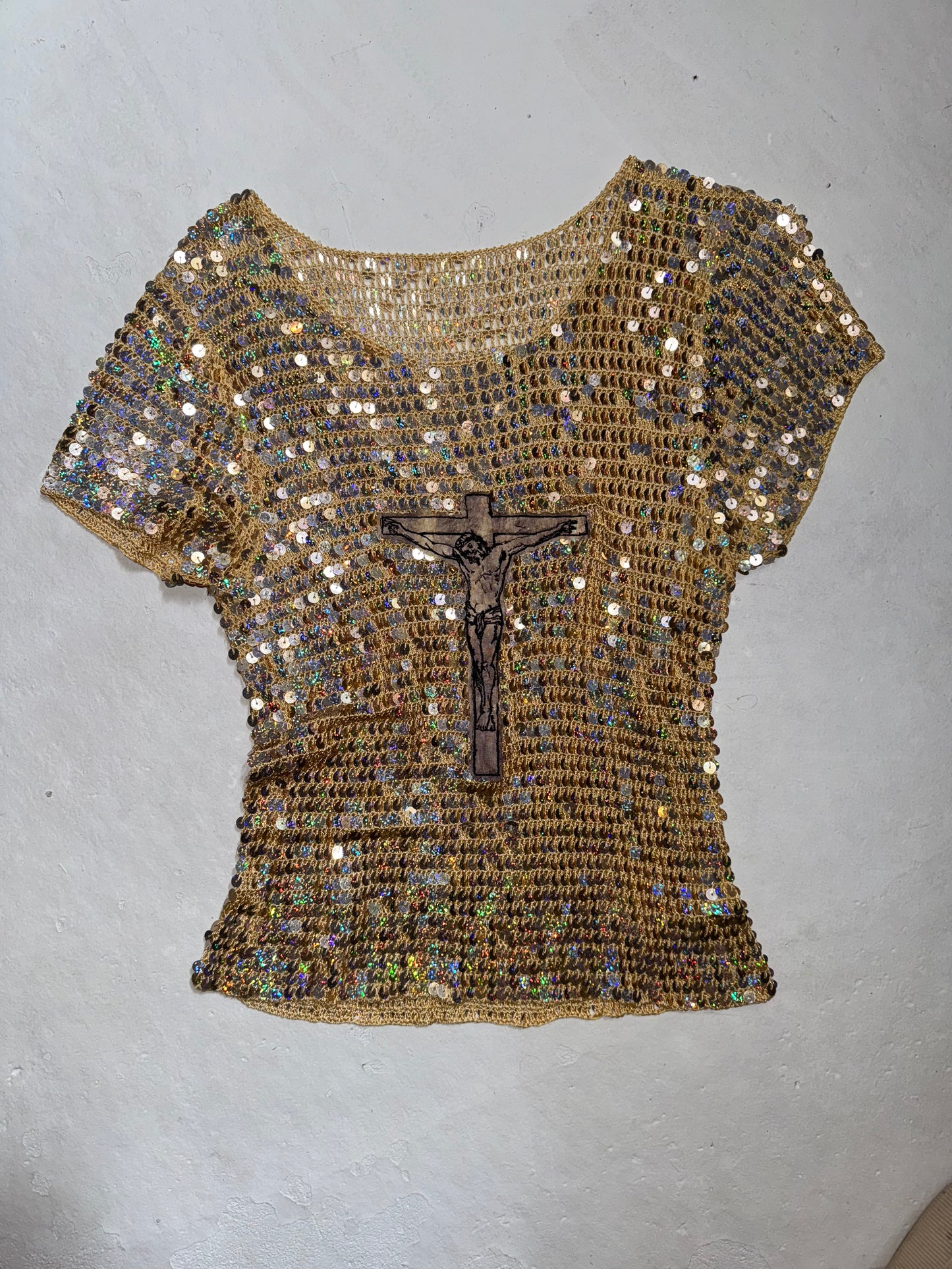 Jesus Christ sequin knit semi sheer top M