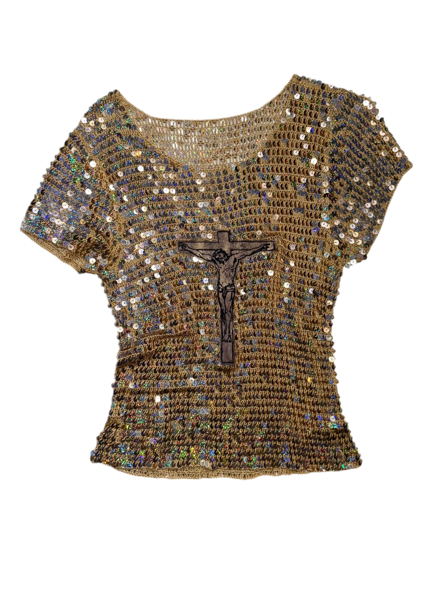 Jesus Christ sequin knit semi sheer top M