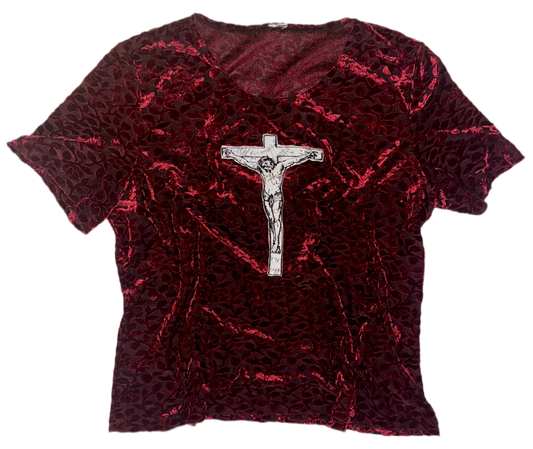 Jesus Christ on a cross velvet burn out animal print top XL