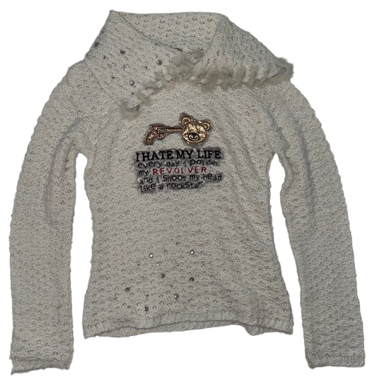 I hate my life rhinestone fur trjm sweater L