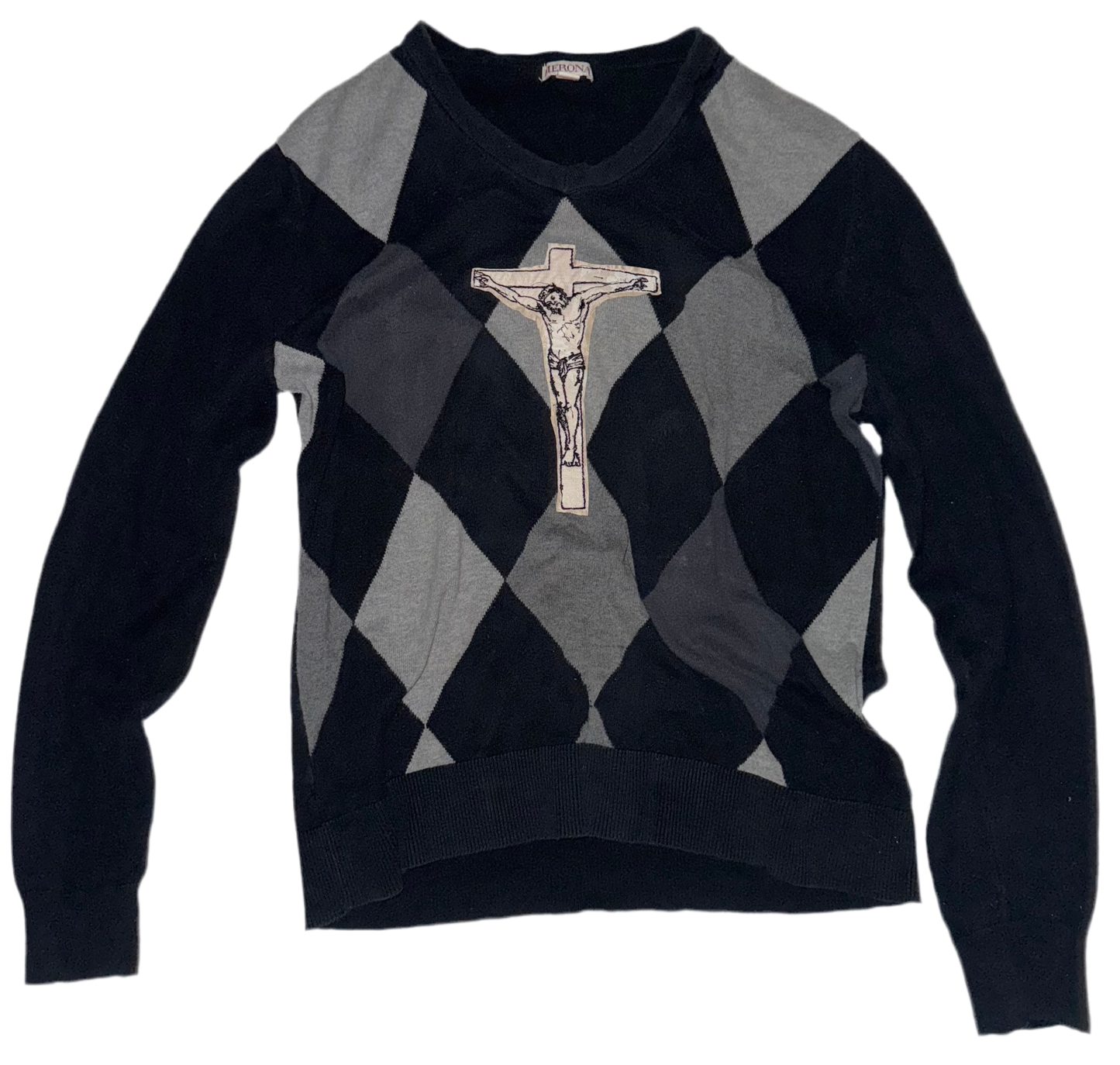 Jesus Christ on a cross argyle sweater M