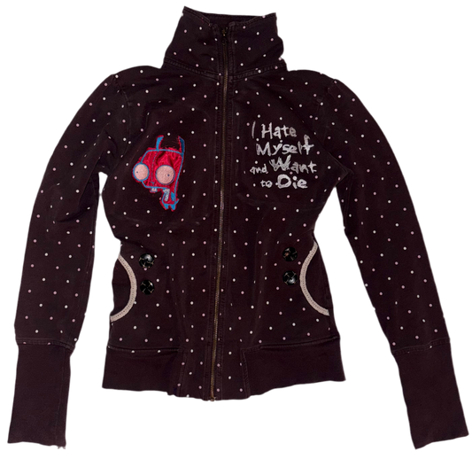 I hate myself and I want to die poka dot zip up M