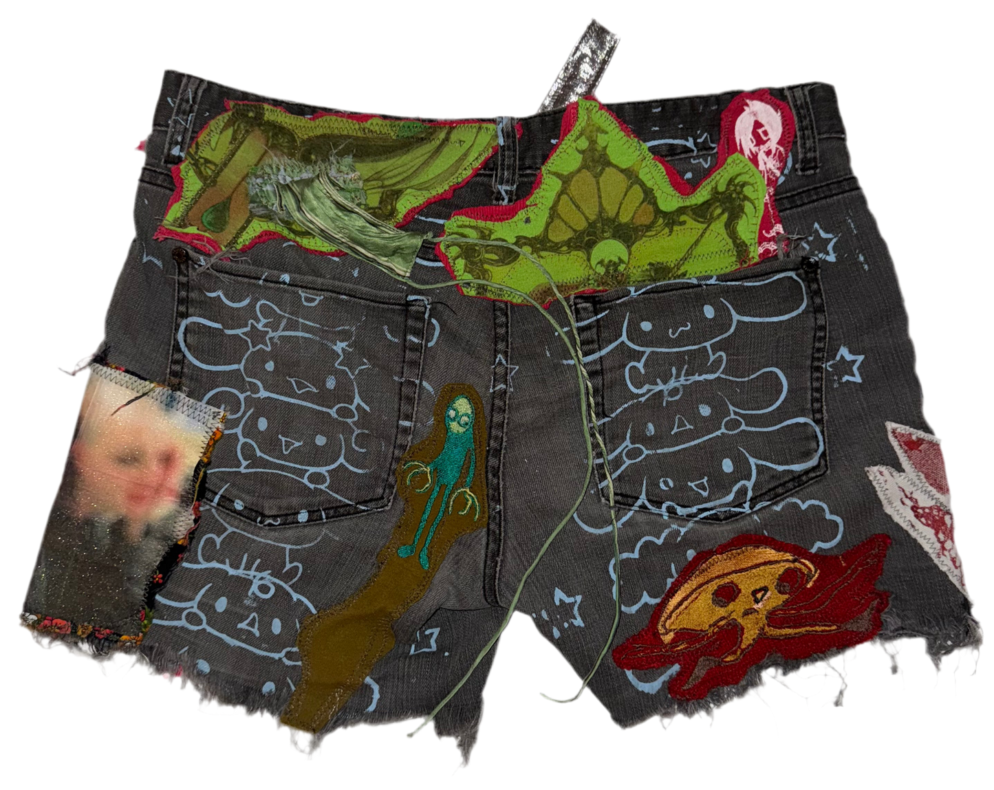 Patchwork cinnamavirus bald blurry britney denim shorts 34