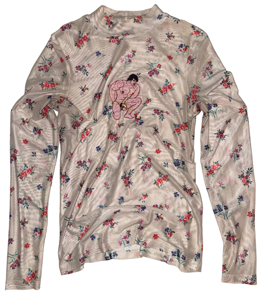 Nude man floral sheer long sleeve top L