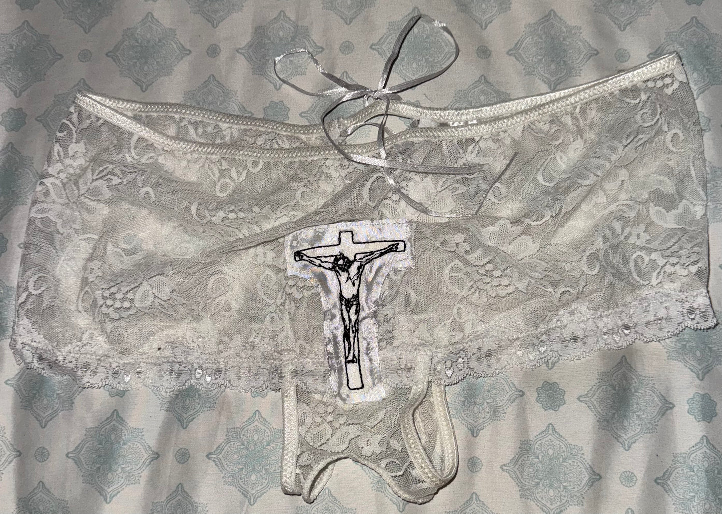 Crotchless Jesus Christ on a cross hidden pocket lace up back panties L