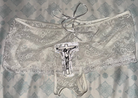 Crotchless Jesus Christ on a cross hidden pocket lace up back panties L