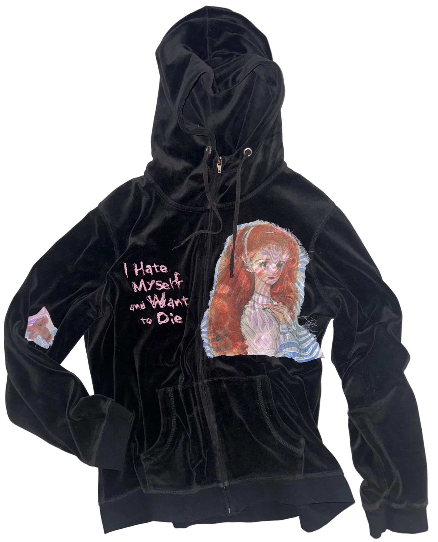 I hate myself and want to die doll with dog plush fitted hoodie L