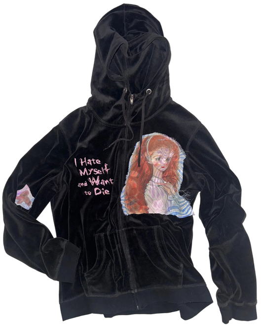 I hate myself and want to die doll with dog plush fitted hoodie L