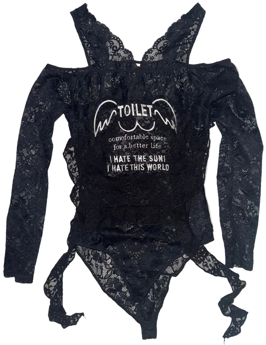 Toilet angle lace sheer body suit S