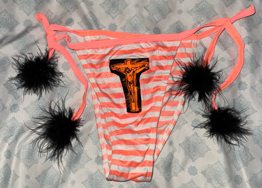 Jesus Christ on a cross hidden pocket bathing suit bottom with feather bits L